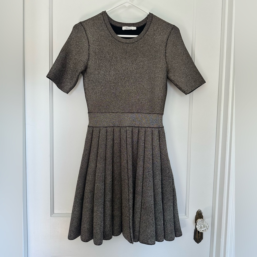 A.L.C. Metallic Charcoal Short-Sleeve Fit-and-Flare Dress